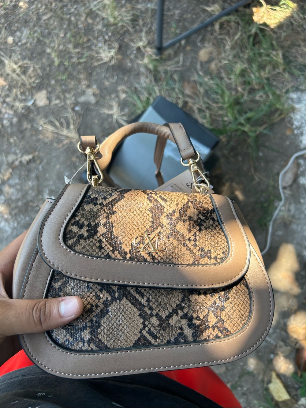 Snake-Print Mini Top Handle Bag in Taupe